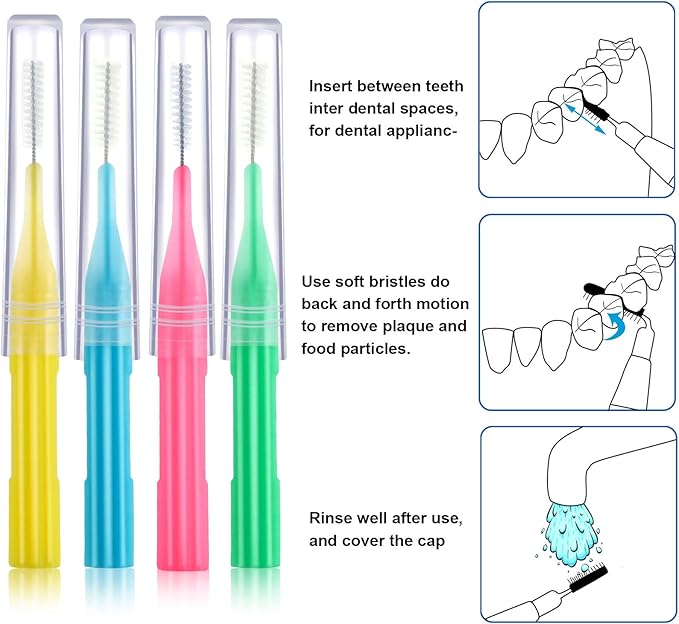 100 Pieces Braces Brush for Cleaner Interdental Brush Toothpick Dental Flossing Head Oral Hygiene Flosser Tooth Cleaning Tool (Light Blue, Pink, Yellow, Light Green)