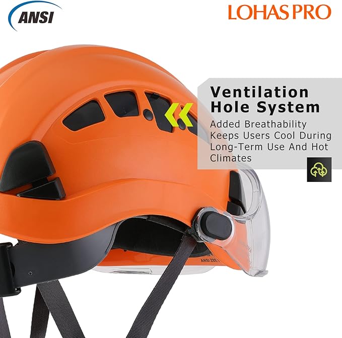 LOHASPRO Hard Hats Construction Safety Helmet with Visor ANSI Z89.1 Approved OSHA Hardhat, Vented Men Work Hard Hat with Chin Strap Tree Climbing Arborist Helmet (P4 Orange+Clear Visor)