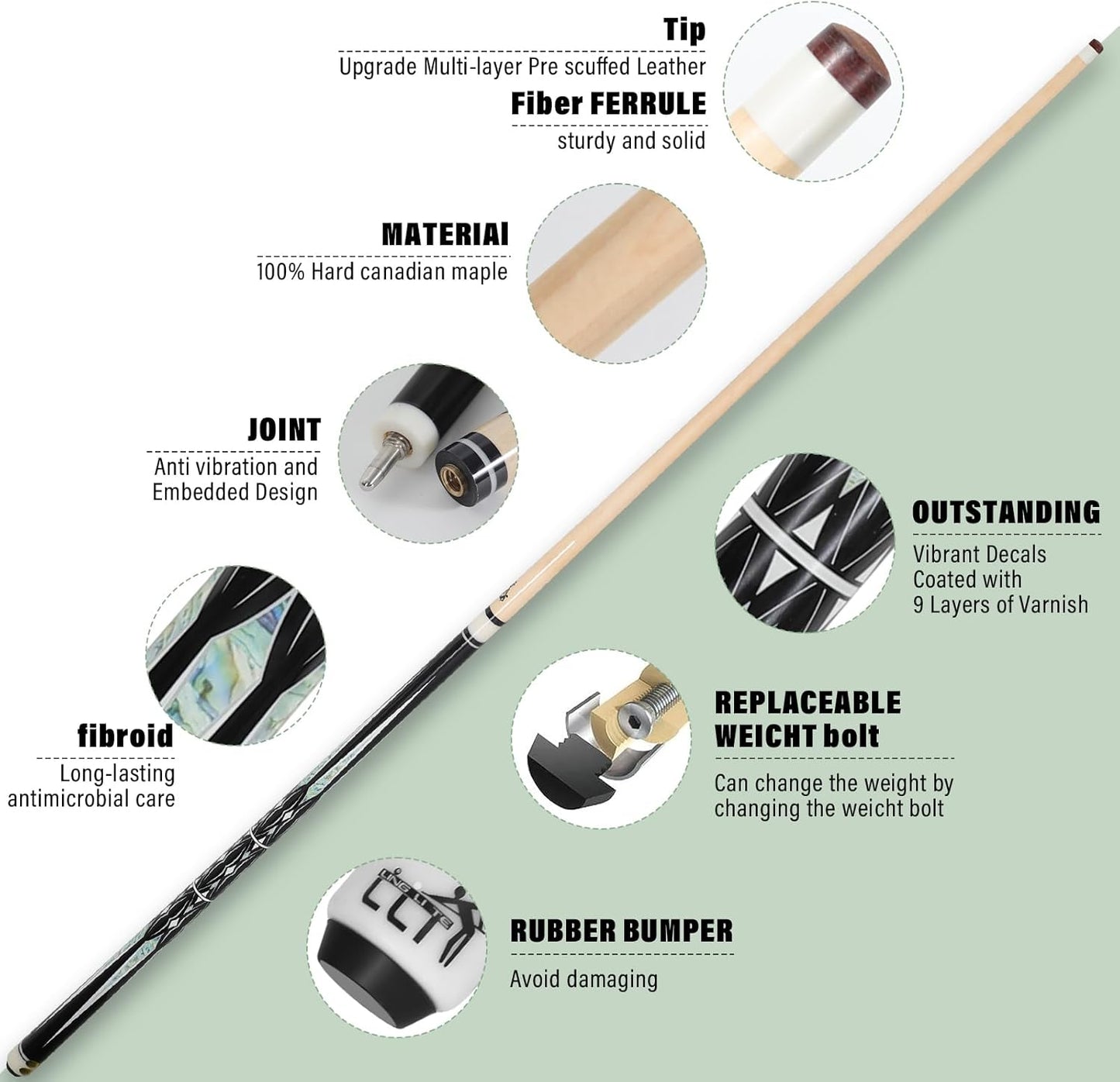 58-Inch Maple Wood Pool Cue, 2-Piece Design, 18oz-21oz – Durable Billiard Stick with Leather Case for Home, Bar, and Competitive Play