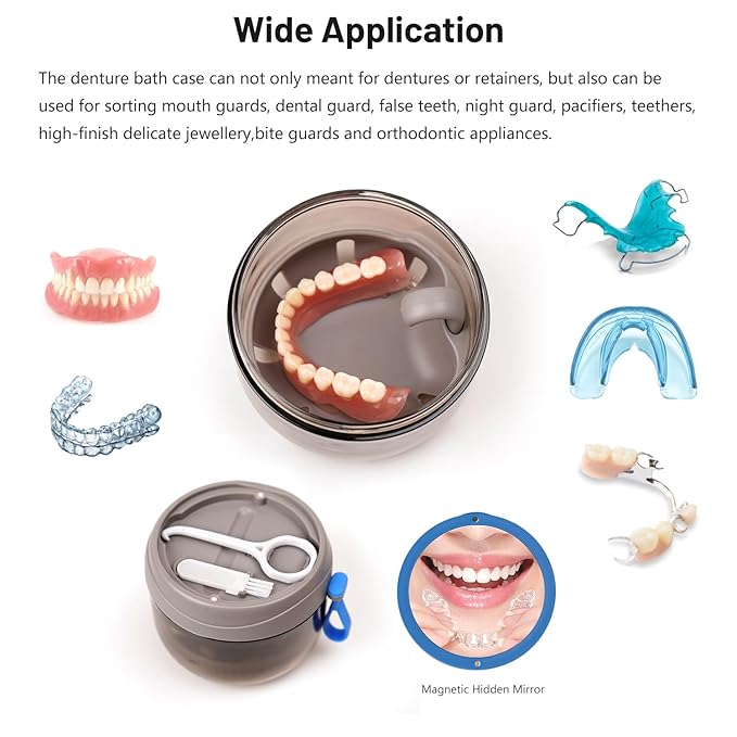 Denture Case, Leak Proof Denture Bath Cup for Travel, Grey Denture Container Cups for Soaking Full & Partial Dentures, Retainers, Mouth Guard with Denture Cleaner Brush, Aligner Removal Tool