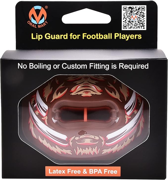 Oral Mart Flag Football Mouth Guard with 3D LipFit Design for Kids - Youth Tackle Football Mouthguard (No Boil) Cool Instant Fit Lip Guard Mouthpiece for Braces (Detachable Helmet Strap Included)