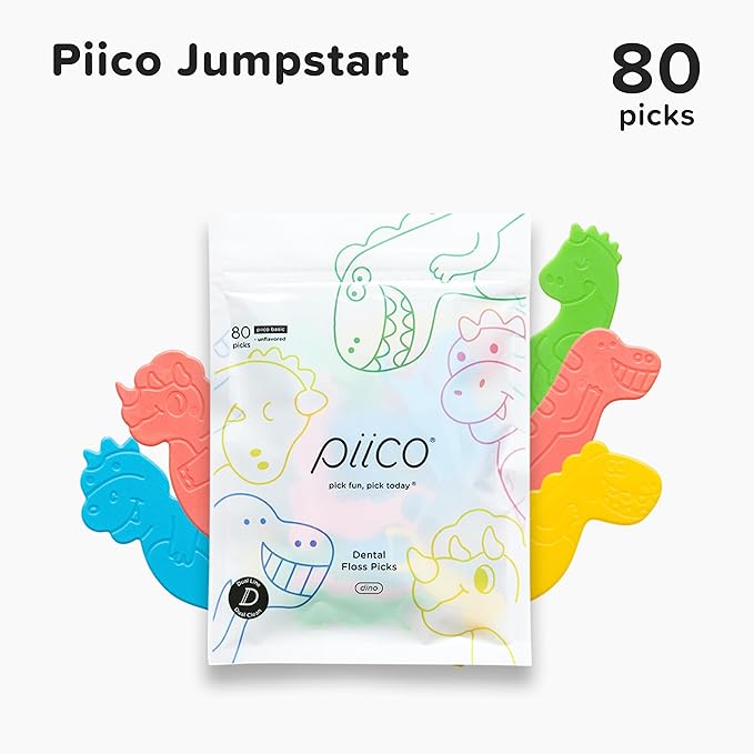 Piico Unflavored Kids Floss - No Fluoride Dual Line Dental Floss Picks - Fun Oral Care in Colorful Floss Sticks Design - Kids Flossers Avoid Tooth Decay & Gum Disease - 80 Count Dino