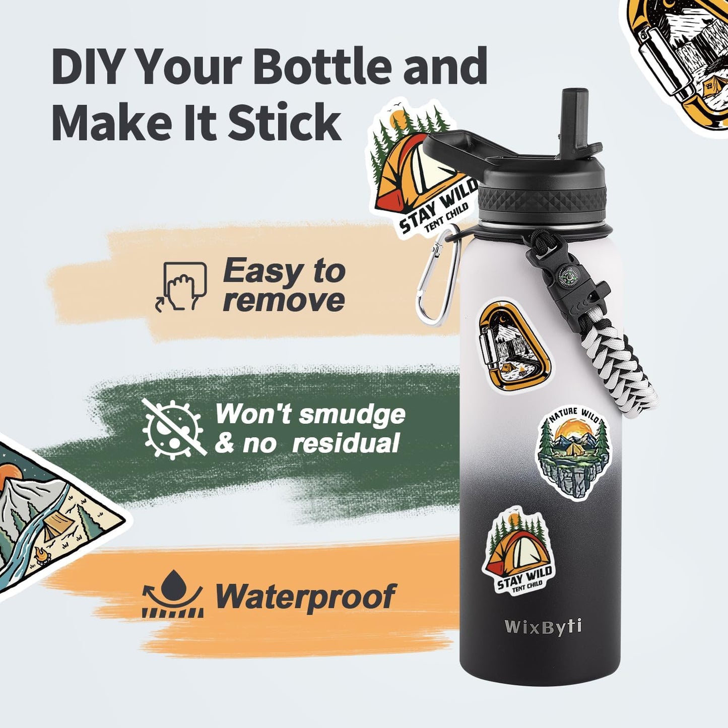 40 oz Insulated Water Bottle with Straw (Cold for 48 Hrs), Stainless Steel Triple Wall Vacuum Sports Water Jug, Leakproof Hydro Cup Flask with Paracord Handle & Straw Spout Lids & DIY Stickers