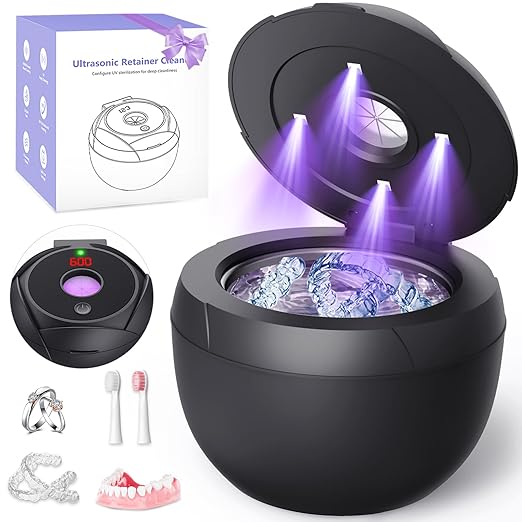 Ultrasonic Retainer Cleaner Machine 45khz Cleaning Pod for Denture Cleaner 200ml Mouth Guard, Aligner, Night Guard, Toothbrush, Jewelry, 4 Cleaning Modes Digital Timer, Gifts for Women, Black