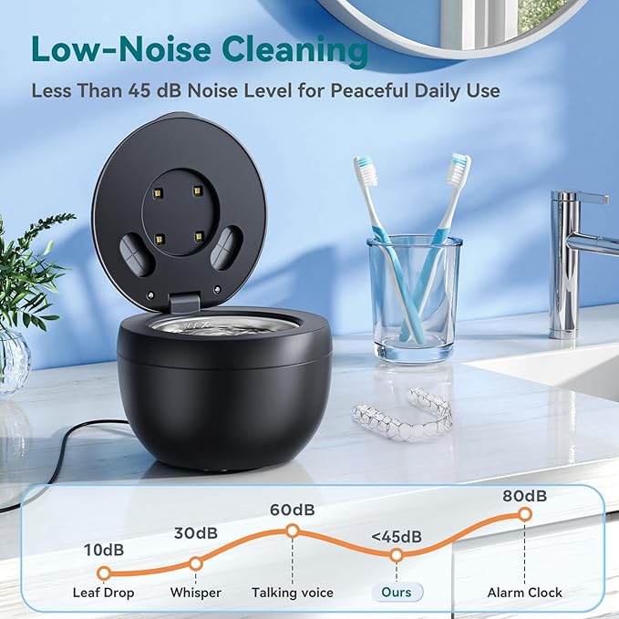 Dental Ultrasonic Retainer Cleaner Machine: 45kHz Dental Cleaning Pod for Denture, Mouth Guard, Night Guard, Aligner, Braces, Toothbrush Head & Jewelry, UV Cleaner with Digital Timer & 4 Modes, Black