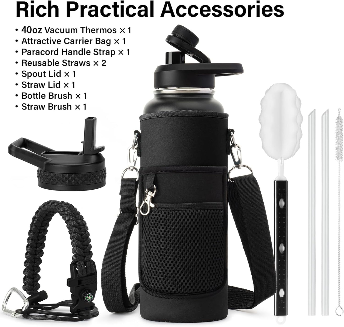 40 oz Insulated Water Bottle | Thickened Stainless Steel Vacuum Metal | Portable Sports Water Jug for Gym and Hiking with Straw, Carrier Bag, Handle Strap | BPA-Free 40 oz, Black