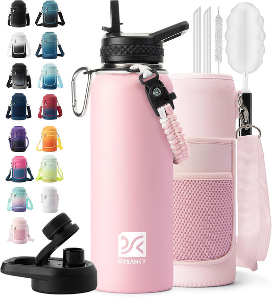 Insulated Water Bottle | Thickened Stainless Steel Vacuum Metal | Portable Sports Water Jug for Gym and Hiking with Straw, Carrier Bag, Handle Strap | BPA-Free 40 oz, Pink