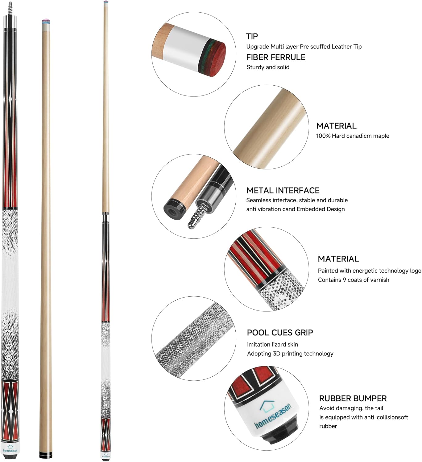 HomeSeason Pool Cue Stick 58" Billiard Cue Sticks 3D Printed Grip Professional Low Deflection Pool Sticks Maple Wood Pool Sticks 13mm Tip