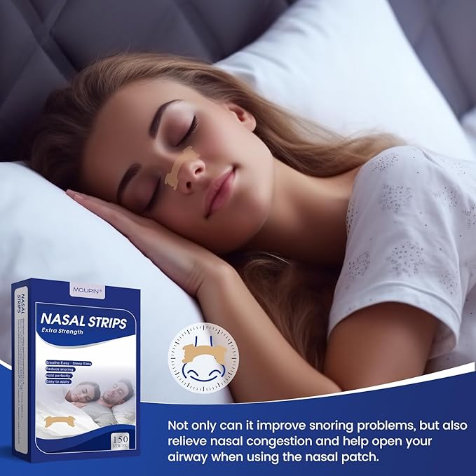MQUPIN 150 Counts Nasal Strips Upgraded, Drug-Free, Safe, Long Effect, Reduction Snoring, Nasal Strips for Snoring Congestion Relief(66mm*19mm)