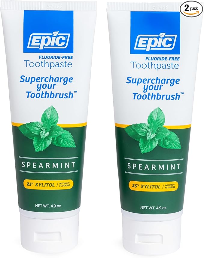 Epic Xylitol Toothpaste for Adults - Fluoride-Free Toothpaste with 25% Xylitol - SLS-Free Formula for Dry Mouth & Fresh Breath - Spearmint, 4.9oz (2-Pack)