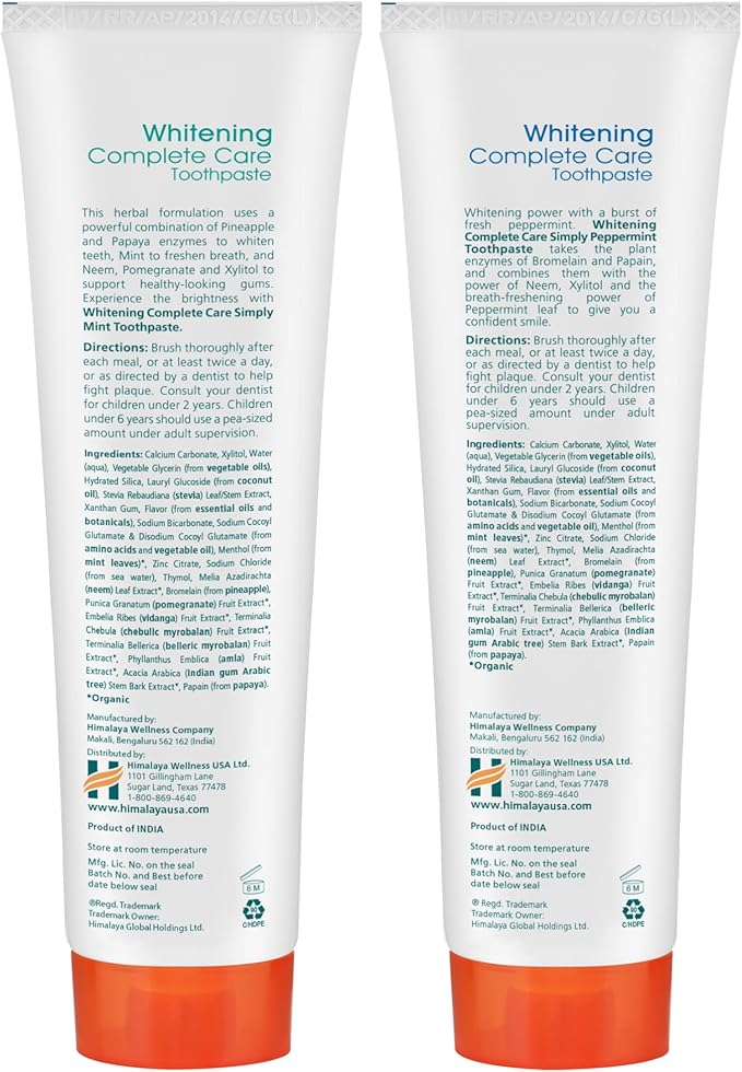 Himalaya Botanique Whitening Complete Care Toothpaste, Mint and Peppermint Flavors - Whitening Toothpaste Without Fluoride for Brighter Teeth & Fresh Breath - Vegan, Gluten Free, 5.29 oz (Pack of 2)