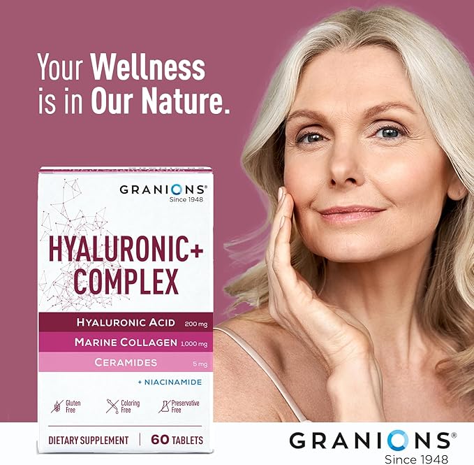 Hyaluronic Acid Supplements 200mg - Marine Collagen Peptides, Vitamin B3 Niacinamide, Ceramides Supplement - Deep Hydration & Anti-Aging Skin Care Complex for Women and Men - 60 Foil Sealed Tablets