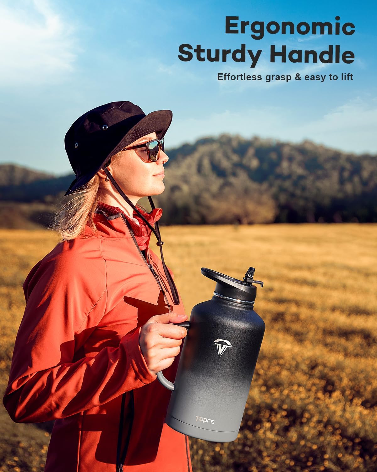 64 oz Insulated Water Bottle with Straw and Lid, Half Gallon Stainless Steel Cup with Handle,Leakproof Metal Travel Jug Flask Mug Tumbler Cup With Carry Pouch and Brush,Keep Cold & Hot,Grey