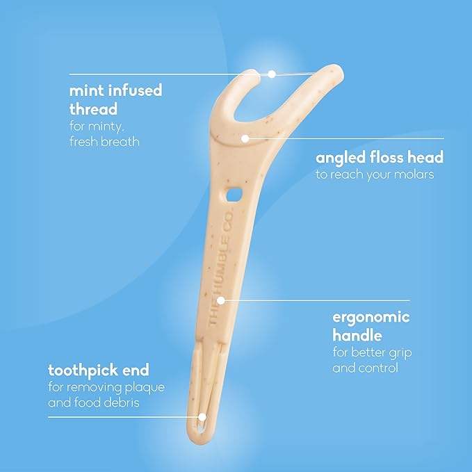 The Humble Co. Floss Picks (200 Count) – Plant Based Dental Floss Picks with Grip Handle for Superior Oral Care, Dental Hygiene, and Gum Health, Cruelty Free Tooth Floss Picks (Mint)