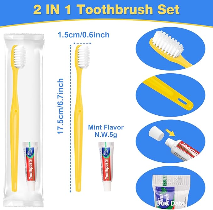 Disposable Toothbrushes with Toothpaste 100 Pack, Travel Size Toothbrush and Toothpaste Set, Bulk Tooth Brush Tooth Paste Kit, Individually Wrapped Travel Toiletries for Homeless, Hotel