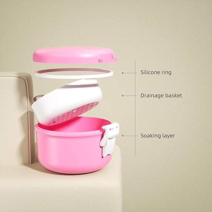 ARGOMAX Leak Proof Retainer Cleaner Case, Denture Cups for Soaking Dentures, Denture Travel Case (Pink+White).