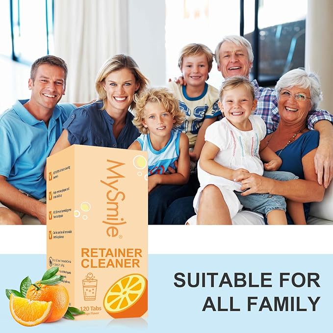 MySmile Retainer Cleaner with 120 Denture Cleaning Tablets, Quickly Remove Odors, Discoloration Stains & Plaque from Aligner, Mouth Guard, Night Guard and More Dental Appliances (Orange Flavor)