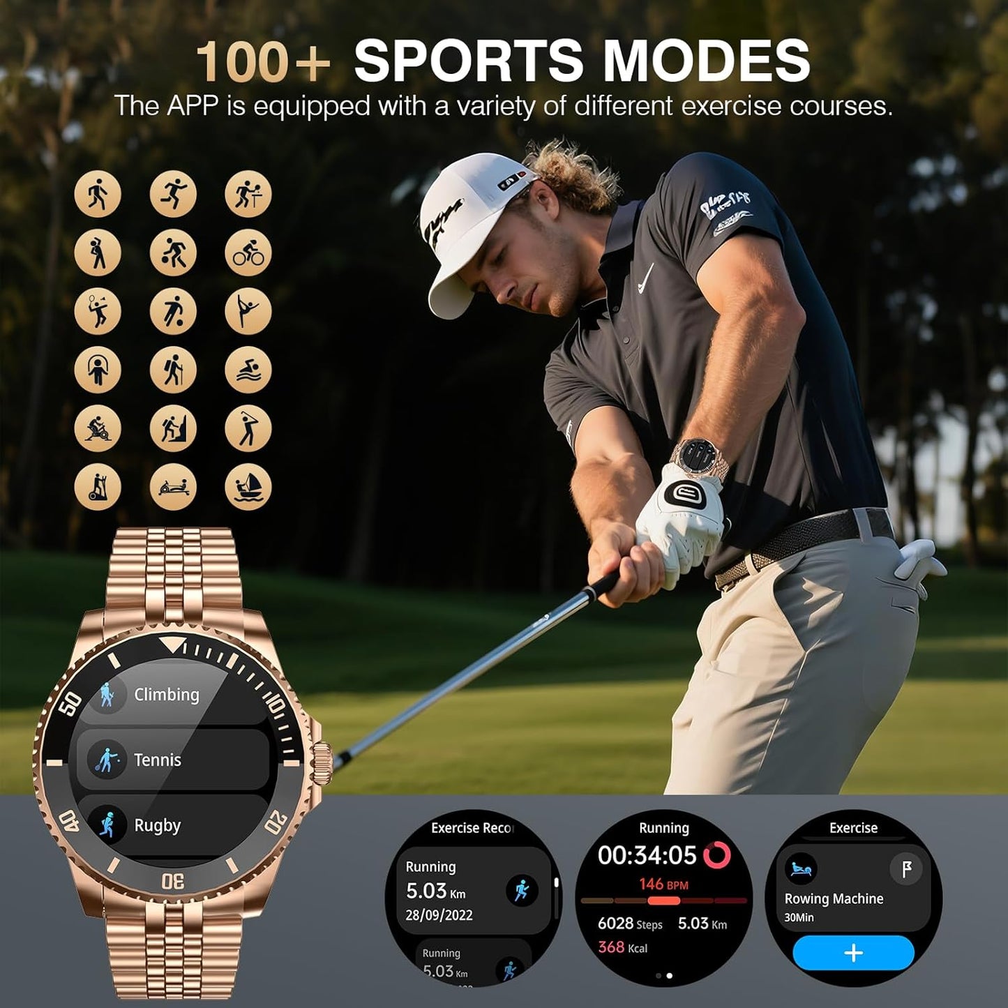 2025 DA GPT Smart Watch, Deep Search, Heart Rate, Blood Pressure, Blood Oxygen, Sleep Monitor, 107 Sports Modes, Waterproof Round Watch, 1.19-inch AMOLED Display, Compatible Android and iOS Gold Metal