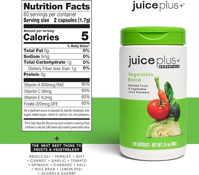 JuicePlus+ Fruit and Vegetable Blend: for Solid Nutritional Foundation - Boost Family's Health with 20 Fruits & Veggies Plus Plant Nutrients - Prepacked 2 Bottles (60 Servings of Fruit, 60 of Veg)