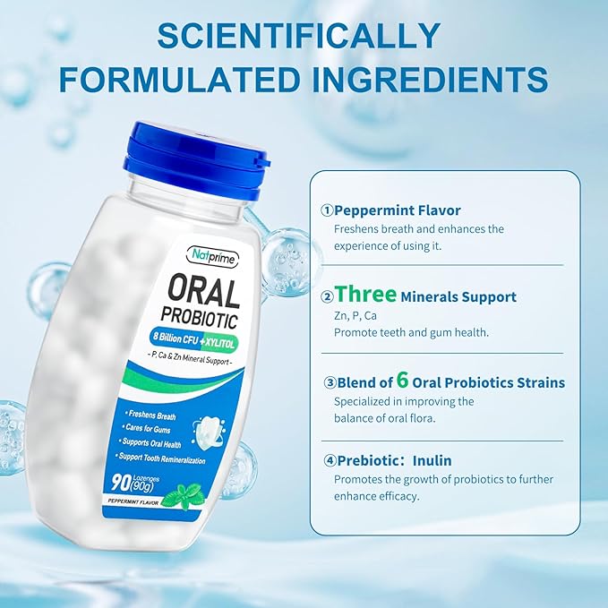Oral Health Probiotics for Mouth Bad Breath - 8 Billion CFU 6 Strains with Prebiotics & Ca, Dental Probiotics for Teeth and Gums, Fresh Breath, 90 Mouth Probiotic Lozenges for Adults (Mint)