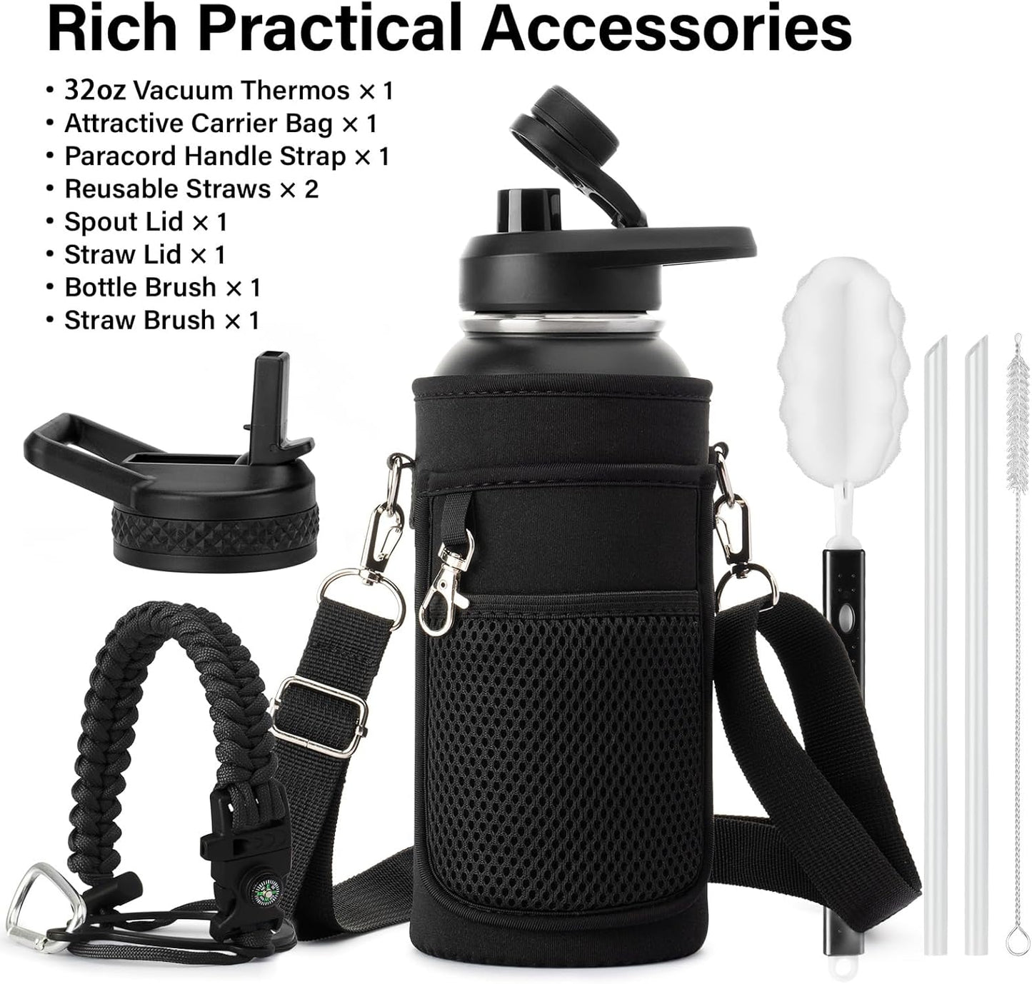 32 oz Insulated Water Bottle | Thickened Stainless Steel Vacuum Metal | Portable Sports Water Jug for Gym and Hiking with Straw, Carrier Bag, Handle Strap | BPA-Free 32 oz, Black