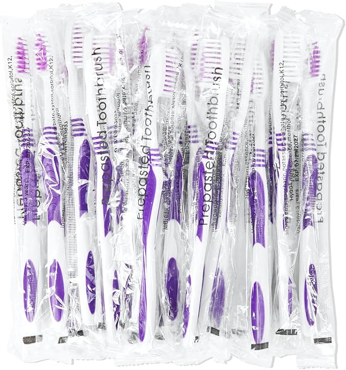100 Prepasted Disposable Toothbrushes Individually Wrapped Pre Pasted Toothbrushes Soft Bristle Travel Tooth Brush Single Use Wrapped for Hotel, Camping, Travel and Gift for The Homeless (purple)