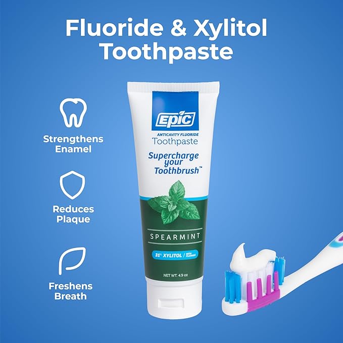 Epic Dental Xylitol Fluoride Toothpaste for Adults - SLS-Free Spearmint with 31% Xylitol - Oral Care for Dry Mouth, Fresh Breath & Enamel Health - Vegan, Gluten-Free - 4.9oz (2-Pack)