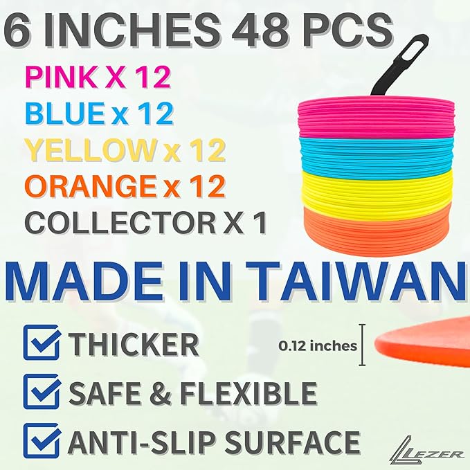 LEZER 6 Inch 8 Inch Flat Cones, Spot Markers, Soccer Cones, Field Court Markers, Sit Spots, Flat Discs, Soccer Training Equipment, Agility Practice, Football, Made in Taiwan
