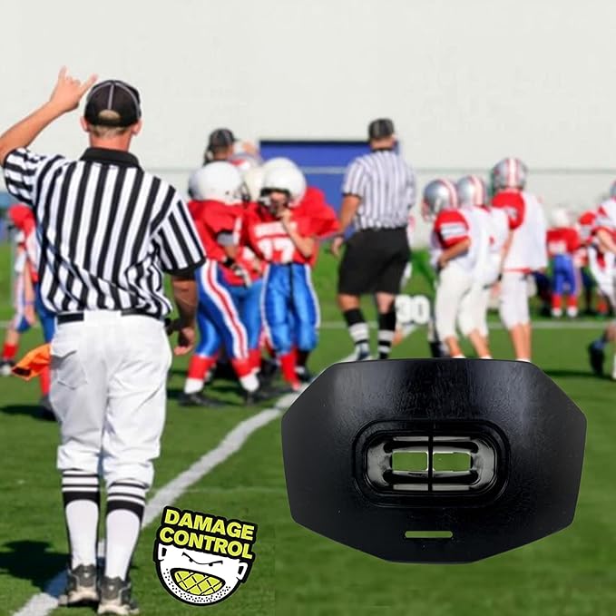 DAMAGE CONTROL Youth Football Mouth Guard – Breathable No Boil Mouthpiece, Protects Lips & Teeth, Works with Braces, Includes Helmet Strap – Sports Gear & Accessories (Black)
