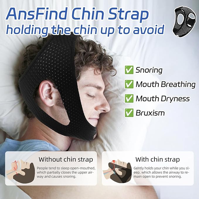 Anti Snoring Chin Strap for Sleeping, Adjustable Flexible Sleep Chin Strap to Keep Mouth Closed, Breathable Airflow Jaw Strap for Sleep Men Couple Stop Snoring Jaw Strap Set with 3D Eye Mask