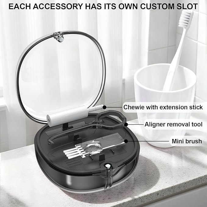 Dental Retainer Box Case Orthodontic Retainer Container with Removal Tool, Chew and Travel Brush, Double-layer Mouth Guard Holder Container Case with Mirror - Transparent Black