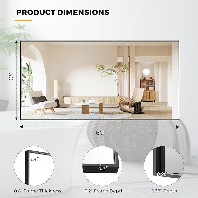 60x30 Inch Bathroom Mirror for Wall, Aluminum Frame Rectangle Rectangular Vanity Mirror, Modern Large for Bedroom, Living Room, Horizontal or Vertical, Black