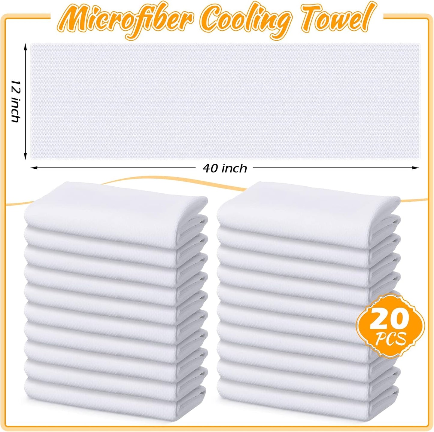 20 Pcs Cooling Towel 40" x 12" Ice Towel for Neck and Face Microfiber Chilly with Bag Breathable Yoga Gym Stay Cool Towels Sweat Rag for Workout Running Camping Pilates Beach Accessories (White)
