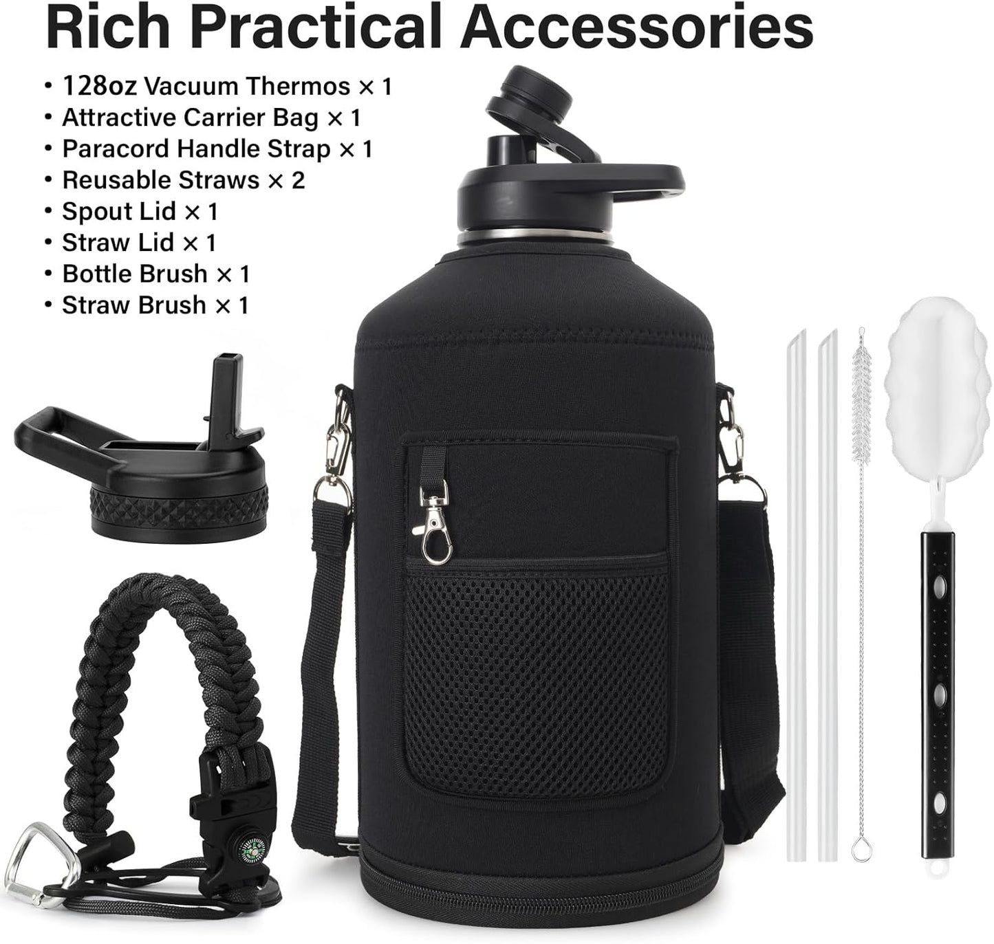 1 Gallon Water Bottle Insulated | Thickened Stainless Steel Vacuum Metal Water Jug | Portable Sports Large for Gym and Hiking with Straw, Carrier Bag, Handle Strap | BPA-Free 128 oz