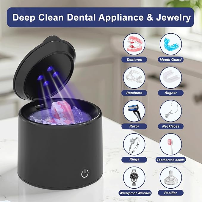 Ultrasonic Retainer Cleaner, 48kHz Denture Cleaner, Retainer Cleaning Machine for Denture, Retainer, Aligner, Jewelry, Mouth Guard, Brace, Toothbrush, Pacifier, Razor, 3 Modes Jewelry Cleaner 200ML