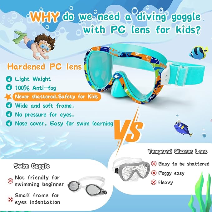 Kids Swim Goggles with Nose Cover, 180° Panoramic Snorkel Mask with Anti-Fog & Anti-Leak Design, Comfort Fabric Strap UV Protection Lens for Boys Girls Ages 3-15