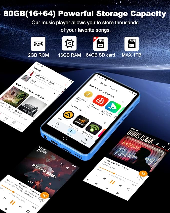 80GB MP3 Player with Bluetooth and WiFi, ZAQE 4" HD Full Touch Screen MP3 Player with Spotify, Amazon Music,YouTube,Pandora,Libby,Android MP4 Music Player for Kids