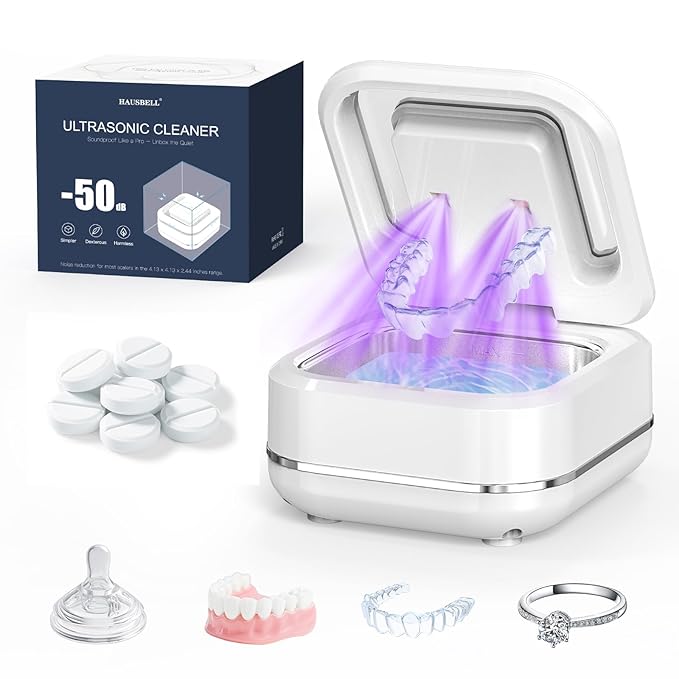 HAUSBELL Dental Pod: Ultrasonic Retainer Cleaner, Denture Cleaner Machine with 8 Cleaner Tablets, Aligner Cleaner, Nightguard Cleaner, Mouthguard Cleaner, Ultrasonic Cleaner with Noise-Reduction Lid