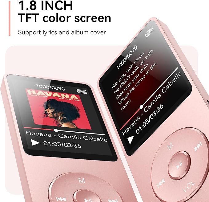 AGPTEK A02 MP3 Player with Bluetooth 5.3, 1.8 inch Screen Portable Music Player with Speaker, FM Radio, Voice Recorder, Supports Expanded Up to 128GB(Rose Gold, 32GB)