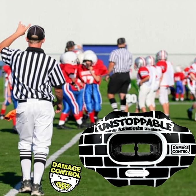 DAMAGE CONTROL Youth Football Mouth Guard – Breathable No Boil Mouthpiece, Protects Lips & Teeth, Works with Braces, Includes Helmet Strap – Sports Gear & Accessories (Unstoppable)