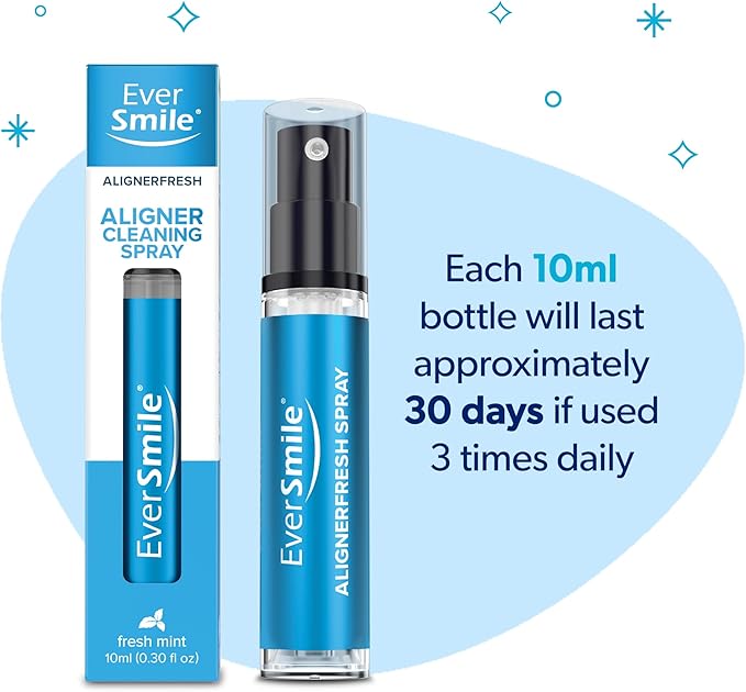 EverSmile AlignerFresh Cleaning Spray for Invisalign and All Clear Aligners and Retainers – On-the-Go Cleaning & Teeth Whitening, Kills Bacteria, Fights Bad Breath – Mint Flavor, 10ml (1 Pack)