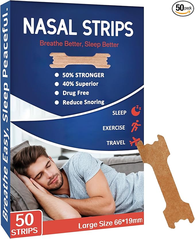 Nasal Strips - 50 Count Nasal Strips for Snoring, Extra Strength Tan Nasal Breathing Strips to Improve Sleep, Instant Nasal Congestion Relief Caused by Colds & Allergies