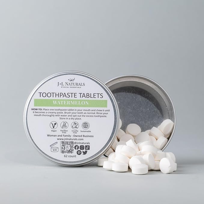 J&L Naturals Toothpaste Tablets | 62-Pack Travel-Friendly Toothpaste | Fluoride + Plastic Free, Vegan, Cruelty Free, Sustainable | Woman-Owned Small Business (Watermelon, 62 Count (Pack of 4))