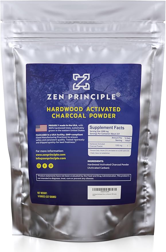 Zen Principle Hardwood Activated Charcoal Powder 100 Percent from USA Trees. All Natural. Whitens Teeth, Rejuvenates Skin and Hair, Supports Better Digestion, 8 oz.