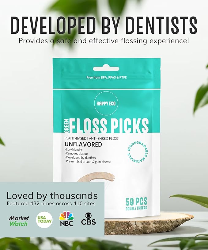 Floss Picks Biodegradable (200pcs) - Plant Based Dental Floss Picks, Natural Flossers for Adults & Kids, Nontoxic Vegan Tooth Pick Flossers & Eco Floss Sticks - Double Thread Unflavored