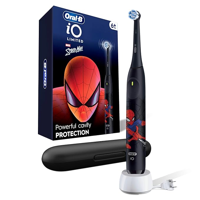 Oral-B iO Kids Limited Rechargeable Electric Powered Toothbrush, Spiderman with 1 Gentle Care Brush Head - Automatic Pressure Sensor to Protect Gums - 3 Cleaning Settings - 2 Min Music Timer