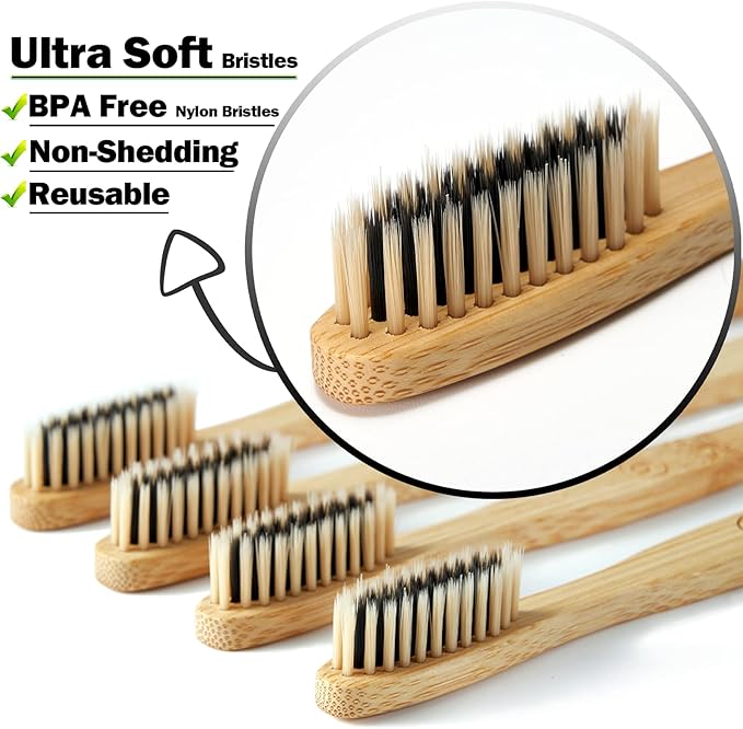 10 Count Bamboo Toothbrush (Soft+Medium) Charcoal Toothbrushes, Natural Wood Toothbrushes, Reusable Travel Toothbrushes