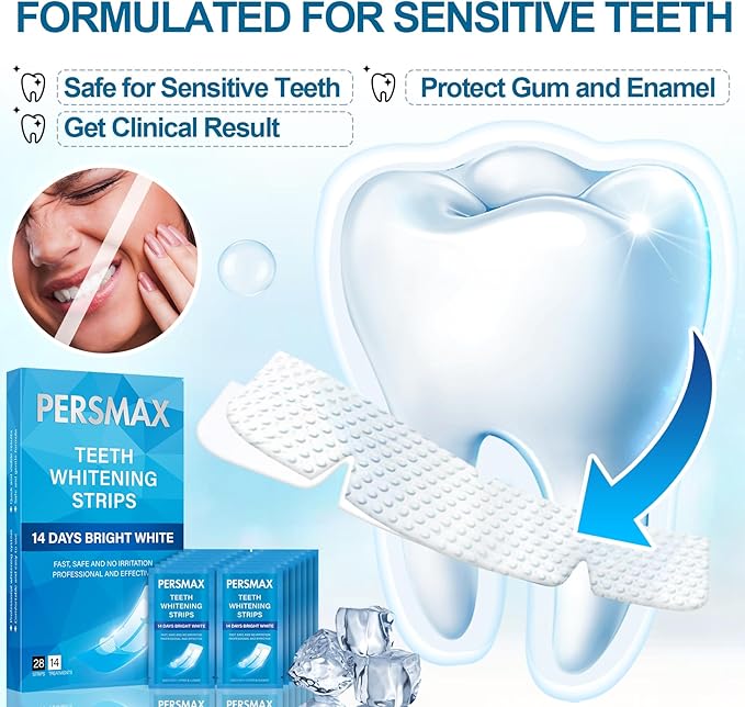 Teeth Whitening Strips for Sensitive Teeth Enamel Safe Whitening Kit No-Slip Remove Coffee Wine Smoking Stains Professional 14 Treatments 28 Strips