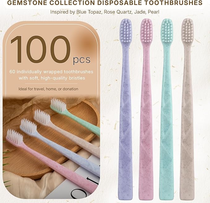 100 Pack Premium Disposable Toothbrush with Tongue Scraper – Individually Wrapped Bulk Travel Toothbrushes, Soft Bristles for Guests, Hotel, Vacation Rental, Home & On The Go,4 Colors