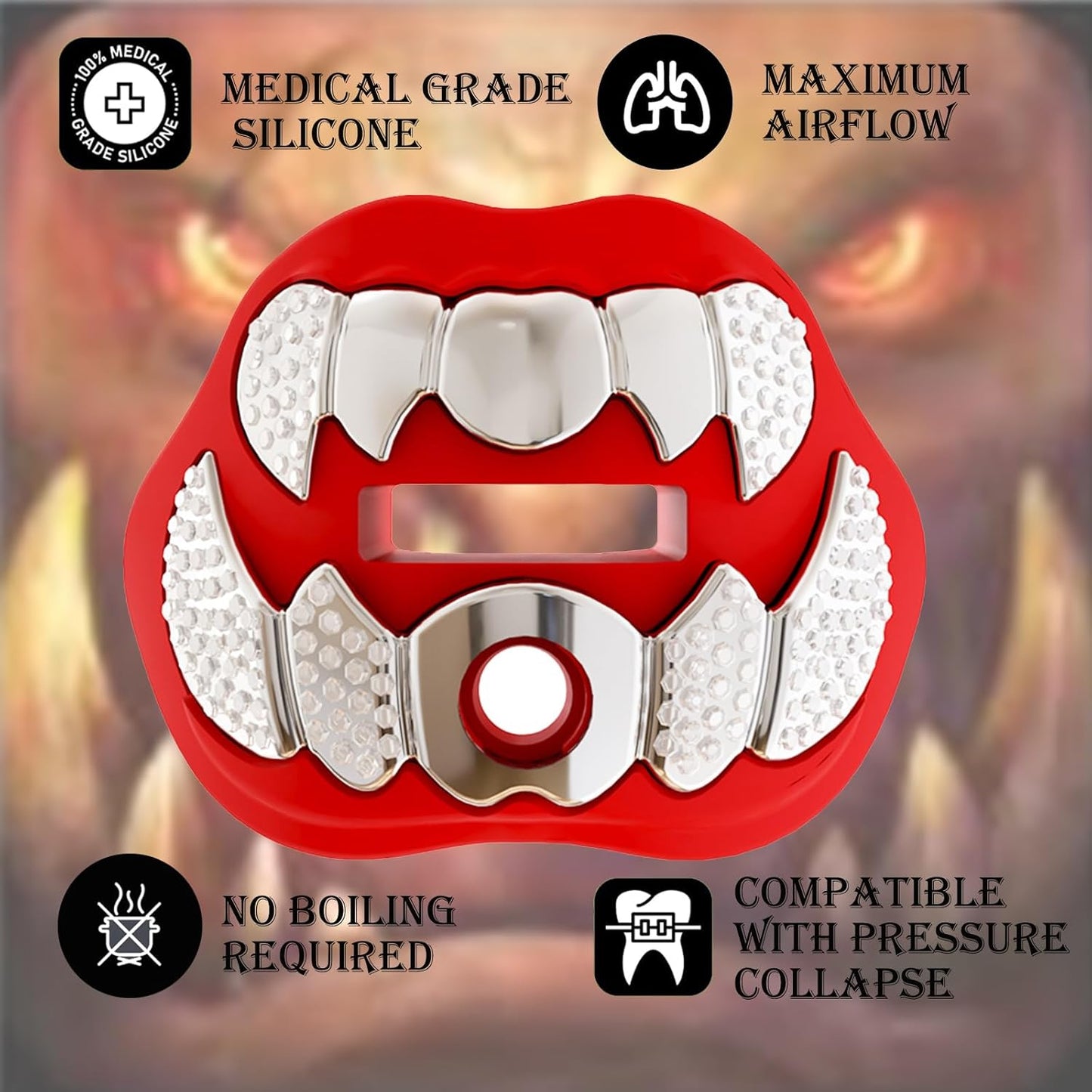 LeCool Football Mouth Guard with Connected Strap- 3D Beast Chrome Adult and Youth Mouth Guard-Mouth Piece for Sports for Maximum Air Flow and Teeth Protection